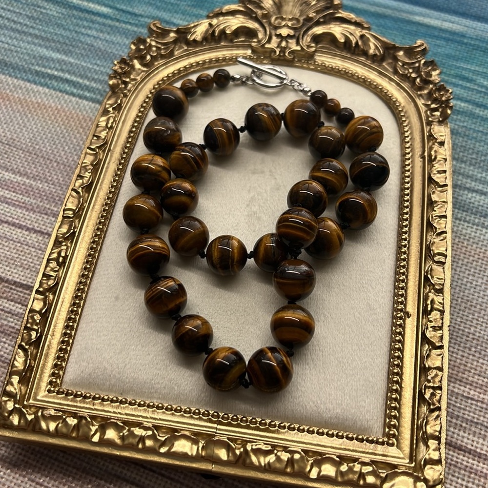 M20 High Quality Yellow Tiger's Eye Round Stone Bead Necklace with Fire OT Clasp